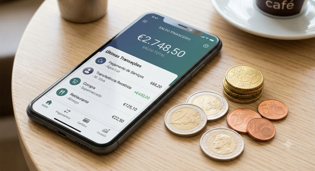 Um smartphone aberto exibindo a interface de um aplicativo de prestação de serviços ou de saldo financeiro, ao lado de moedas de Euro